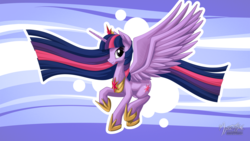 Size: 2560x1440 | Tagged: safe, artist:mysticalpha, twilight sparkle, alicorn, pony, g4, female, long mane, mare, older, raised hoof, solo, spread wings, twilight sparkle (alicorn)