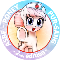 Size: 894x894 | Tagged: safe, artist:finalaspex, nurse redheart, earth pony, pony, g4, asbf, badge, blood donation, blushing, cute, female, french, heartabetes, hoofbump, looking at you, mare, nurse, open mouth, smiling, solo, underhoof