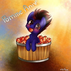 Size: 894x894 | Tagged: safe, artist:finalaspex, oc, oc only, oc:speed chaser, apple, birthday, food, french, pun, solo