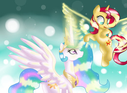 Size: 1024x752 | Tagged: safe, artist:nevera573, princess celestia, sunset shimmer, alicorn, pony, equestria girls, g4, my little pony equestria girls: friendship games, alicornified, ascension realm, daydream shimmer, equestria girls ponified, female, mare, ponified, princess celestia's special princess making dimension, race swap, shimmercorn, void
