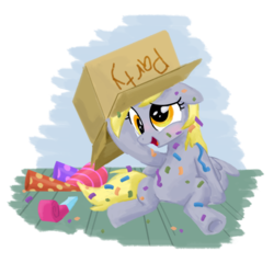 Size: 900x863 | Tagged: safe, artist:sketchyjackie, derpy hooves, pegasus, pony, g4, box, cute, derpabetes, female, hat, mare, oops my bad, party hat, solo