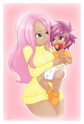 Size: 788x1156 | Tagged: safe, artist:the-padded-room, fluttershy, scootaloo, human, g4, baby, baby scootaloo, clothes, cute, cutealoo, daaaaaaaaaaaw, diaper, fluttermom, humanized, pacifier, poofy diaper, sweater, sweater dress, sweatershy, turtleneck, younger