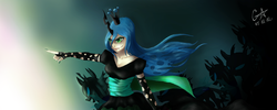 Size: 2000x800 | Tagged: safe, artist:geiyin, queen chrysalis, changeling, human, g4, clothes, fangs, horn, horned humanization, humanized, winged humanization