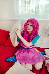 Size: 1300x1963 | Tagged: safe, artist:pachispyro, pinkie pie, human, equestria girls, g4, clothes, cosplay, costume, irl, irl human, photo, pillow, sitting