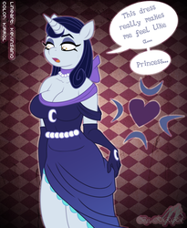 Size: 900x1098 | Tagged: safe, artist:kevinsano edits, artist:kirrol, edit, moonlight raven, anthro, canterlot boutique, g4, my little pony: friendship is magic, busty moonlight raven, cleavage, clothes, colored, dialogue, dress, evening gloves, female, gloves, necklace, over the moon, side slit, solo