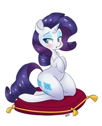 Size: 1280x1581 | Tagged: safe, artist:hidden-cat, rarity, pony, unicorn, g4, belly button, blushing, female, mare, open mouth, pillow, rarihips, simple background, solo, white background, wide hips