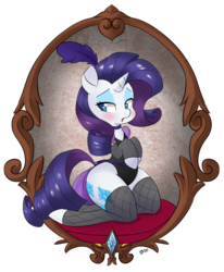 Size: 1280x1556 | Tagged: safe, artist:hidden-cat, rarity, pony, unicorn, g4, black leotard, choker, clothes, female, fishnet stockings, kneeling, leotard, lingerie, mare, pillow, rarity's leotard, saloon dress, simple background, socks, solo, thigh highs, transparent background