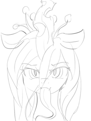Size: 384x512 | Tagged: safe, artist:umejiru, queen chrysalis, g4, female, looking at you, monochrome, solo, tongue out
