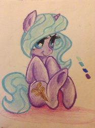 Size: 1024x1371 | Tagged: dead source, safe, artist:sonicwolf02, idw, radiant hope, pony, unicorn, g4, cute, female, hopabetes, mare, sitting, solo, traditional art