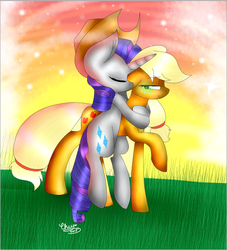 Size: 502x553 | Tagged: safe, artist:tehcherrydeviant6911, applejack, rarity, g4, accessory swap, cute, eyes closed, female, hug, lesbian, ponies riding ponies, rarity riding applejack, riding, ship:rarijack, shipping