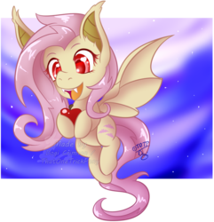 Size: 680x706 | Tagged: safe, artist:dogi-crimson, fluttershy, bat pony, pony, g4, apple, chibi, female, flutterbat, flying, food, heart eyes, solo, watermark, wingding eyes