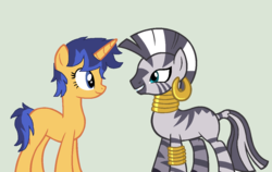 Size: 1196x754 | Tagged: safe, artist:falloutfalls, zecora, oc, oc:soulful wish, pony, unicorn, zebra, g4, bracelet, ear piercing, earring, gray background, jewelry, neck rings, next generation, offspring, parent:flash sentry, parent:twilight sparkle, parents:flashlight, piercing, simple background