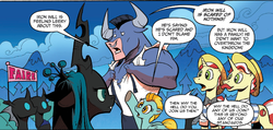 Size: 1400x664 | Tagged: safe, edit, idw, official comic, flam, flim, iron will, lightning dust, queen chrysalis, changeling, changeling queen, minotaur, pegasus, pony, unicorn, g4, siege of the crystal empire, spoiler:comic, spoiler:comic36, female, flim flam brothers, male, mare, psyga's alternate pony scenes, speech bubble, stallion