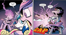 Size: 1400x755 | Tagged: safe, artist:andypriceart, idw, official comic, king sombra, princess cadance, radiant hope, shining armor, twilight sparkle, alicorn, pony, g4, siege of the crystal empire, spoiler:comic, spoiler:comic36, blast, comic, dialogue, female, magic, magic beam, magic blast, male, mare, stallion, twilight is anakin, twilight sparkle (alicorn)