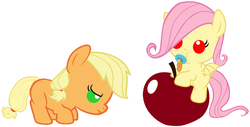 Size: 1996x1017 | Tagged: safe, artist:red4567, applejack, fluttershy, bat pony, pony, g4, apple, baby, baby pony, babybat, babyjack, babyshy, cute, flutterbat, foal, food, jackabetes, pacifier, ponies riding food, recolor, red4567 is trying to murder us, riding, shyabates, shyabetes