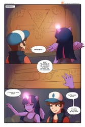 Size: 1001x1500 | Tagged: safe, artist:shadowfenrirart, twilight sparkle, human, anthro, plantigrade anthro, comic:the to-do-list, comic:the to-do-list:chapter 2, g4, boyfriend and girlfriend, cleavage, clothes, comic, crossover, crossover shipping, dialogue, diplight, dipper pines, female, gravity falls, magic, male, portal, romantic, shipping, tank top, twilight sparkle (alicorn)