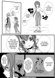 Size: 1024x1448 | Tagged: safe, artist:0ryomamikado0, apple bloom, applejack, spike, human, anthro, comic:doki doki harmony, g4, comic, humanized, manga, monochrome