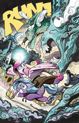 Size: 1400x2154 | Tagged: safe, idw, official comic, princess cadance, rabia, radiant hope, alicorn, pony, umbrum, unicorn, g4, siege of the crystal empire, spoiler:comic, spoiler:comic36, cloak, clothes, female, glowing horn, horn, mare, running, running away, you know for kids