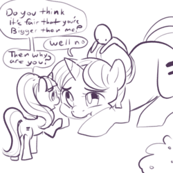 Size: 1000x1000 | Tagged: safe, artist:mt, starlight glimmer, sugar belle, oc, oc:anon, human, pony, g4, :t, dialogue, equalized, eye contact, giant pony, humans riding ponies, macro, monochrome, open mouth, prone, riding, sad, size difference, sketch, smiling, this will end in equalization