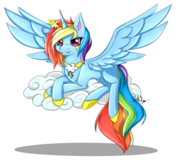 Size: 1000x902 | Tagged: safe, artist:pillonchou, rainbow dash, alicorn, pony, g4, alicorn princess, alicornified, alternate hairstyle, cloud, element of loyalty, female, prone, race swap, rainbowcorn, signature, simple background, smiling, solo, spread wings, transparent background