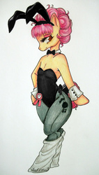 Size: 711x1251 | Tagged: safe, artist:divinekitten, oc, oc only, oc:sock hop, pony, semi-anthro, bipedal, bowtie, bunny ears, bunny suit, clothes, costume, cuffs (clothes), female, playboy bunny, solo, traditional art