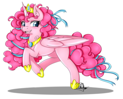 Size: 1000x802 | Tagged: safe, artist:pillonchou, pinkie pie, alicorn, pony, g4, alicorn princess, alicornified, concave belly, element of laughter, female, large wings, open mouth, pinkiecorn, race swap, signature, solo, xk-class end-of-the-world scenario
