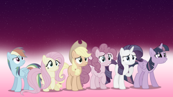 Size: 1920x1080 | Tagged: safe, artist:dashiemlpfim, artist:djdavid98 edits, artist:parclytaxel, applejack, fluttershy, pinkie pie, rainbow dash, rarity, twilight sparkle, alicorn, pony, g4, blank flank, female, mane six, mare, twilight sparkle (alicorn), vector, wallpaper