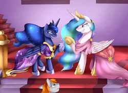 Size: 4094x2975 | Tagged: safe, artist:pridark, princess celestia, princess luna, alicorn, pony, g4, clothes, coronation dress, dress, female, gala dress, grand galloping gala, grin, high res, looking at each other, male, mare, raised hoof, smiling, stallion, sweat