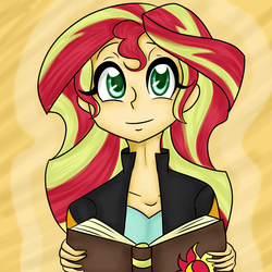 Size: 3000x3000 | Tagged: safe, artist:katkakakao, sunset shimmer, equestria girls, g4, book, clothes, cute, female, high res, journal, leather jacket, looking at you, shimmerbetes, solo
