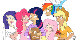 Size: 1024x540 | Tagged: safe, artist:tastes-like-fry, applejack, fluttershy, pinkie pie, rainbow dash, rarity, twilight sparkle, human, g4, futurama, humanized, male, mane six, matt groening, style emulation