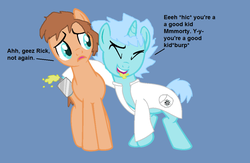 Size: 1024x668 | Tagged: safe, earth pony, pony, unicorn, clothes, drunk, hilarious in hindsight, lab coat, m. night shaym-aliens!, morty smith, ponified, rick and morty, rick sanchez