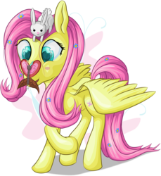 Size: 3262x3561 | Tagged: safe, artist:itresad, angel bunny, fluttershy, butterfly, g4, butterfly on nose, duo, high res, insect on nose, raised hoof, simple background, transparent background