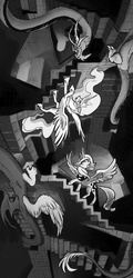 Size: 540x1124 | Tagged: safe, artist:mamath, discord, princess celestia, princess luna, g4, m. c. escher, monochrome, s1 luna, stairs