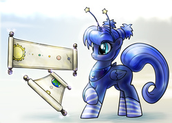 Size: 1400x1000 | Tagged: source needed, safe, artist:foxi-5, princess luna, alicorn, pony, g4, alternate hairstyle, antennae, blushing, clothes, cute, female, filly, heliocentric theory, levitation, lunabetes, magic, paper, pigtails, raised hoof, socks, solar system, solo, space, striped socks, telekinesis, woona