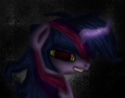 Size: 1024x804 | Tagged: safe, artist:infinitelyimpossible, twilight sparkle, pony, unicorn, g4, abstract background, bust, creepy, dark, female, green sclera, mare, portrait, solo, teeth, unicorn twilight