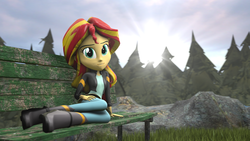 Size: 1920x1080 | Tagged: safe, artist:fd-daylight, artist:rockset, artist:stefano96, sunset shimmer, equestria girls, g4, 3d, bench, boots, clothes, female, grass, leather jacket, looking at you, rock, sky, smiling, solo, sun, sunrise, sunshine shimmer, tree, when she smiles