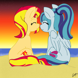 Size: 5000x5000 | Tagged: safe, artist:cessywotn, sonata dusk, sunset shimmer, pegasus, pony, unicorn, equestria girls, g4, absurd resolution, beach, boop, cute, equestria girls ponified, eyes closed, female, lesbian, noseboop, nuzzling, ponified, ponytail, shimmerbetes, ship:sunata, shipping, simple background, sitting, smiling, sonatabetes, sunset