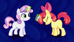 Size: 3127x1812 | Tagged: safe, artist:kas92, apple bloom, sweetie belle, g4, adorabloom, comb, cute, diasweetes, magic, sweetie belle's magic brings a great big smile