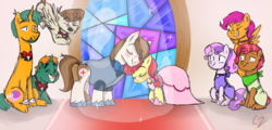 Size: 1024x492 | Tagged: safe, artist:hateful-minds, apple bloom, babs seed, featherweight, pipsqueak, scootaloo, snails, snips, sweetie belle, earth pony, pegasus, pony, unicorn, g4, cute, cutie mark crusaders, female, male, mare, marriage, older, older apple bloom, older babs seed, older pipsqueak, older scootaloo, older snails, older snips, older sweetie belle, ship:pipbloom, shipping, stallion, wedding