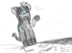 Size: 1076x797 | Tagged: dead source, safe, artist:alloyrabbit, oc, oc only, oc:orchid, kaiju, kaiju pony, pony, beach, beach towel, giant pony, giantess, glowing eyes, grayscale, macro, monochrome, ocean, open mouth, people, prehensile tail, running, sand, solo, tail, tail hold, text, umbrella, uvula, waving