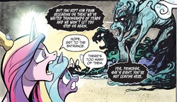 Size: 1140x658 | Tagged: safe, idw, official comic, princess cadance, rabia, radiant hope, pony, umbrum, g4, siege of the crystal empire, spoiler:comic, spoiler:comic36, female, glowing horn, horn, mare, speech bubble, you know for kids