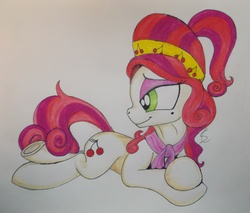 Size: 3705x3150 | Tagged: safe, artist:scribblepwn3, cherry jubilee, earth pony, pony, g4, female, high res, pen drawing, prone, solo, traditional art, watercolor painting