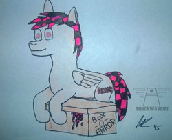 Size: 1632x1325 | Tagged: safe, artist:shockwavejet, oc, oc only, oc:missing texture, pegasus, pony, box, error, leaking, leaning, looking at you, missing texture, solo, traditional art, wings