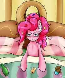 Size: 1500x1800 | Tagged: safe, artist:novaspark, pinkie pie, g4, 30 minute art challenge, bags under eyes, bed, bed hair, bed mane, bloodshot eyes, blushing, bottle, confetti, cookie, drunk, ear fluff, female, food, hangover, morning after, morning ponies, muffin, pillow, pinkie pie's room, solo, tired