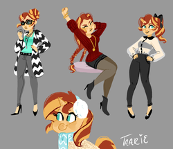 Size: 1024x880 | Tagged: safe, artist:endarie, sunset shimmer, human, pony, unicorn, equestria girls, g4, alternate hairstyle, blushing, braid, clothes, cute, doodles, earmuffs, eyes closed, fashion, high heel boots, high heels, human ponidox, jewelry, nail polish, necklace, scarf, shimmerbetes, sitting, smiling, stretching, sunglasses, sweater