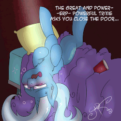 Size: 750x750 | Tagged: safe, artist:jorobro, trixie, pony, unicorn, g4, 30 minute art challenge, animated, bed, bed mane, cup, female, hangover, mare, pillow, solo, tired, upside down