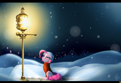 Size: 4800x3300 | Tagged: dead source, safe, artist:captainpudgemuffin, pinkie pie, earth pony, pony, g4, clothes, comfy, cute, diapinkes, female, hat, hearth's warming eve, high res, houses, lamppost, lineless, mare, snow, snowfall, solo, sweater, turtleneck, winter
