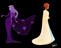 Size: 1024x810 | Tagged: safe, artist:endarie, sunset shimmer, twilight sparkle, human, g4, alternate hairstyle, clothes, dress, gown, humanized, lineless, simple background