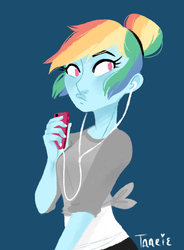 Size: 690x936 | Tagged: safe, artist:endarie, rainbow dash, human, g4, alternate hairstyle, female, humanized, lineless, mp3 player, simple background, solo