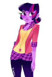 Size: 487x714 | Tagged: safe, artist:endarie, twilight sparkle, human, g4, alternate hairstyle, cutie mark necklace, female, flannel, humanized, jewelry, lineless, necklace, pony coloring, simple background, solo, white background